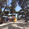 Parco giochi sotto alti alberi verdi.