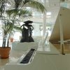 Pianoforte bianco vicino a una statua e piante tropicali in un ampio spazio luminoso.