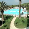 Una piscina circondata da palme e lettini, con vialetti in pietra nel prato.