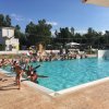 Piscina con persone che giocano e si rilassano sotto il sole.