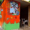 Capanno arancione decorato con disegni colorati e capre.