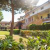 Giardino con edificio residenziale e alberi.