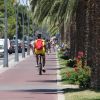 Ciclista sulla pista ciclabile bordata di palme lungo una strada trafficata.