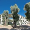 Edificio moderno con ampie vetrate e colonne bianche, circondato da alberi alti e cielo blu.