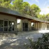 Edificio moderno con vetrine tra gli alberi, con insegne 