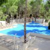 Piscina all'aperto circondata da lettini e alberi.