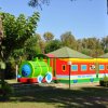Un colorato trenino giocattolo verde e rosso circondato da alberi.