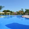 Piscina con acqua blu brillante, palme e sedie a sdraio sotto un cielo azzurro.