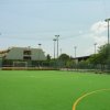 Un campo da calcetto con erba sintetica verde, recinzione e una porta.