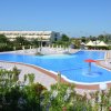 Vista di una grande piscina con aree verdi e ombrelloni attorno.