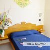 Camera da letto con decorazioni floreali, copriletto blu e fiori.