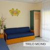 Soggiorno con divano blu e decorazione murale, luce naturale.