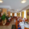 Sala da pranzo con tavoli apparecchiati, sedie in legno e piante.