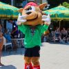 Mascotte marrone con felpa verde e cappellino rosso all'aperto.