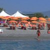 Ombrelloni arancioni e gialli su una spiaggia affollata.