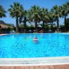 Piscina all'aperto con una persona che nuota, circondata da palme.