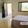 Monolocale con letto matrimoniale e angolo cottura.