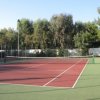 Campo da tennis con giocatori e alberi sullo sfondo.