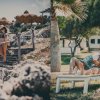 Donna su scale e uomo legge in giardino.
