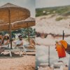 Due persone sotto ombrelloni sulla spiaggia e bevanda con fetta d'arancia.