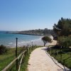 Sentiero lastricato verso una spiaggia con alberi e mare azzurro.