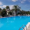 Piscina azzurra all'aperto circondata da lettini e palme.