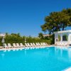 Una piscina all'aperto con lettini e alberi sullo sfondo.